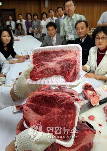 한우는 어느것일까 (안양=연합뉴스) 이상학 기자 = 27일 오후 농림수산식품부 산하 국립농산물품질관리원에서 열린 '쇠고기 원산지표시 전문단속반 합동교육'에서 참석자들이 전문 강사로 부터 한우,수입 쇠고기 식별 방법을 교육받고 있다. (사)전국한우협회 유통감시단, 농산물품질관리원 특별사법경찰관으로 이뤄진 전문 단속반원들은 6월부터 연중 쇠고기 원산지표시 단속 등 부정 유통방지를 위한 본격 단속에 들어갈 예정이다.원산지 부정 유통 신고 전화 번호 1588-