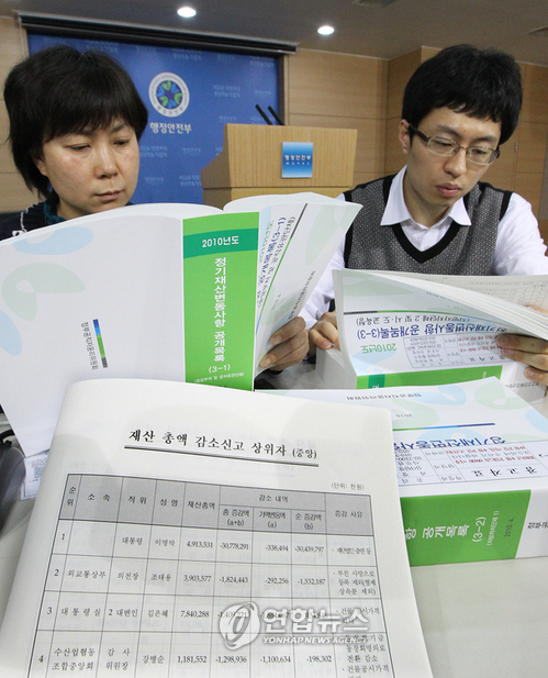 (서울=연합뉴스) 안정원 기자 = 정부공직자윤리위원회(위원장 이상배)가 2일 서울 세종로 정부중앙청사에서 공직자윤리법 제10조의 규정에 따라 관할 재산공개대상자인 국가 정무직, 고위공무원단 가등급 등 공직자 1천851명의 2010년도 재산변동신고내역을 공개했다. 대상자의 평균 신고재산 총액은 12억8천400만원이고 전년 신고액보다 평균 1천200만원이 감소한 것으로 나타났다. 2010.4.2 jeong@yna.co.kr