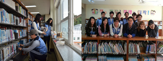 (좌)봉사활동에 참가한 학생들이 도서 정리를 하고 있다 (우)경산서부초등학교에서 도서관 봉사활동 후 기념촬영 중이다 동산도서관 제공