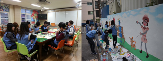 (좌)환호여자중학교에서 우리학교 학생들이 봉사하고 있다 (우)시각디자인과 학생들이 솔고개도서관 벽에 벽화를 그리고 있는 모습 동산도서관 제공